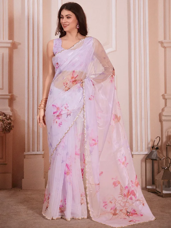 Women's Organza Lavender Digital Print Designer Saree With Blouse Piece Asymmetric Hem Blouse Women's Organza Lavender Digital Print Designer Saree With Blouse Piece Asymmetric Hem Blouse