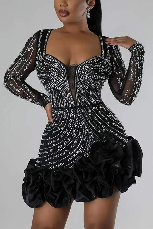 RHINESTONES MESH MINI DRESS Cozy Knit Mini Dress