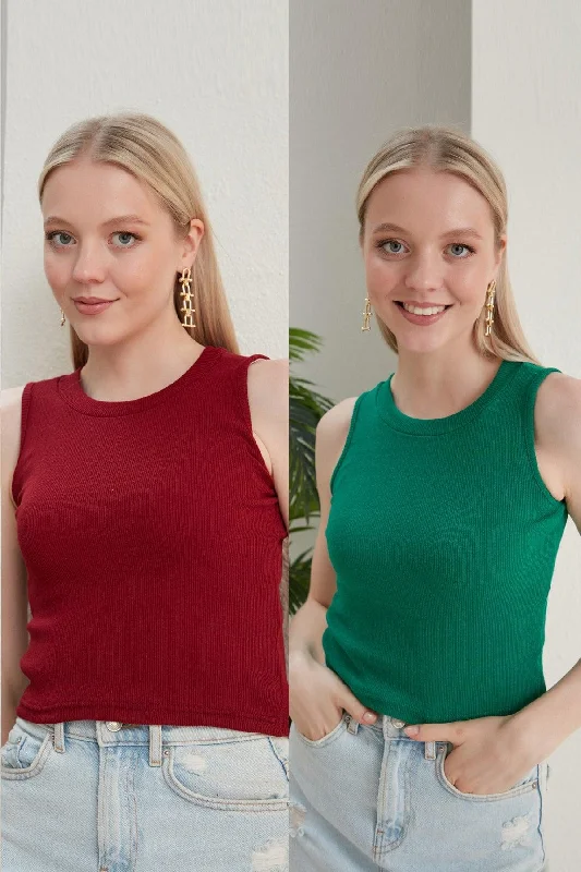 Women's Burgundy Green Halter Neck 2 Piece Crop Blouse Chic Square Blouse