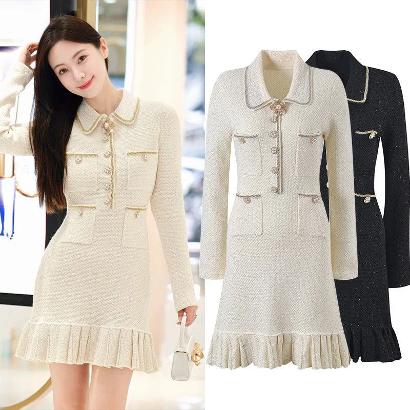 Marlowe Crystal Button Up Long Sleeve Tweed Mini Dress Chic Halter Mini Dress