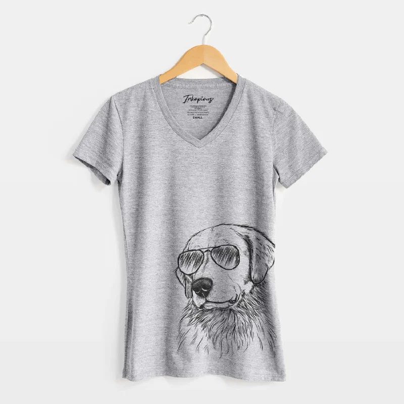 Aviator Quinn the Golden Retriever - Women's V-neck Shirt-- Iron Safe Non-Iron Wrinkle Free Aviator Quinn the Golden Retriever - Women's V-neck Shirt-- Iron Safe Non-Iron Wrinkle Free