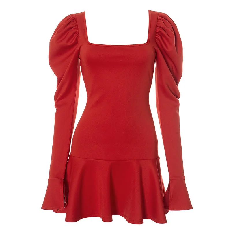 Puffy Long Sleeve Square Neckline Mini Dress Chic Mini Dress with V-Neck