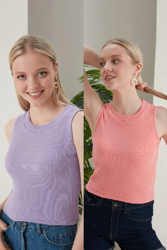 Women's Lilac Powder Halter Neck Ribbed 2-Pack Crop Blouse Feminine Ruffle Blouse