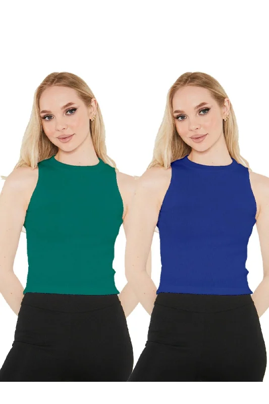Women's Sax Blue Green Halter Neck 2 Piece Crop Blouse Soft Modal Blouse