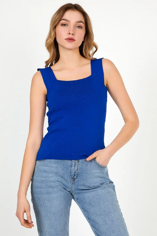 Women's Sax Blue Thick Strap Square Collar Summer Athlete Knitwear Blouse Bell Sleeve Blouse Women's Sax Blue Thick Strap Square Collar Summer Athlete Knitwear Blouse Bell Sleeve Blouse