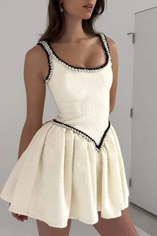 TEXTURED SCOOP NECK MINI DRESS WITH CONTRAST TRIM Elegant Mini Dress with Ruffles