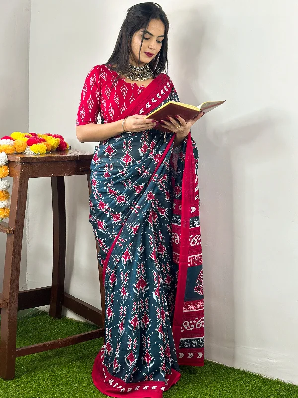 Women's Cotton Teal blue Printed Designer Saree With Blouse Piece Feminine Satin Blouse Women's Cotton Teal blue Printed Designer Saree With Blouse Piece Feminine Satin Blouse