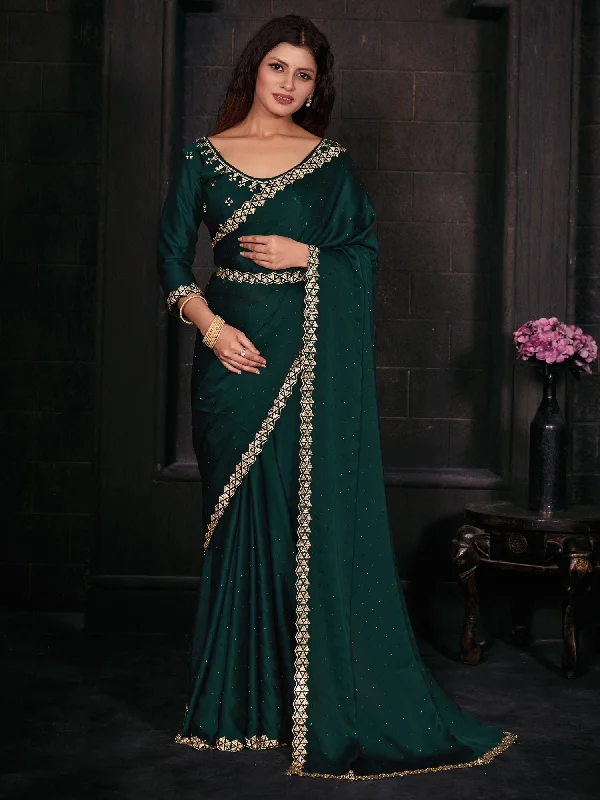 Women's Satin Silk Teal green Embellished Designer Saree With Blouse Piece Vintage Polka Blouse Women's Satin Silk Teal green Embellished Designer Saree With Blouse Piece Vintage Polka Blouse