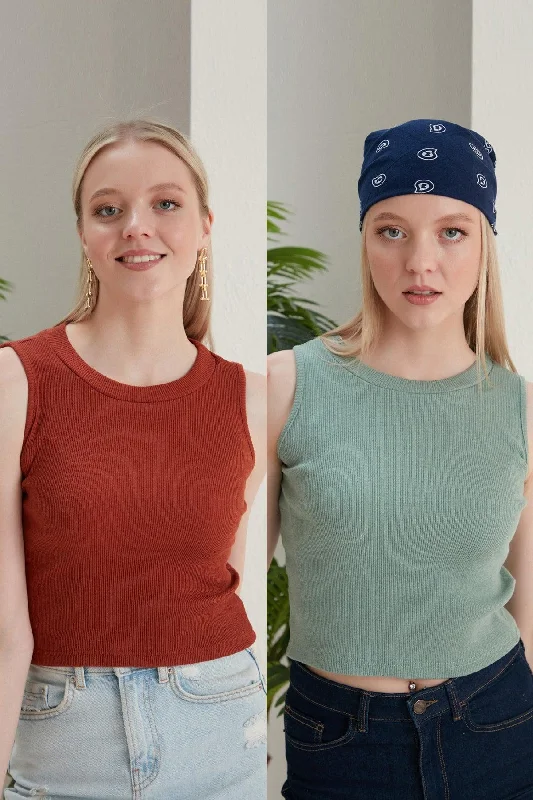 Women's Tile Mint Halter Neck 2 Piece Crop Blouse Stretchy Fitted Blouse