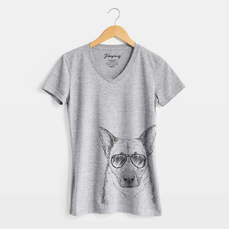 Aviator Oliverno the German Shepherd - Women's V-neck Shirt-- Fleece Fabric Down Fabric Feather Fabric Aviator Oliverno the German Shepherd - Women's V-neck Shirt-- Fleece Fabric Down Fabric Feather Fabric