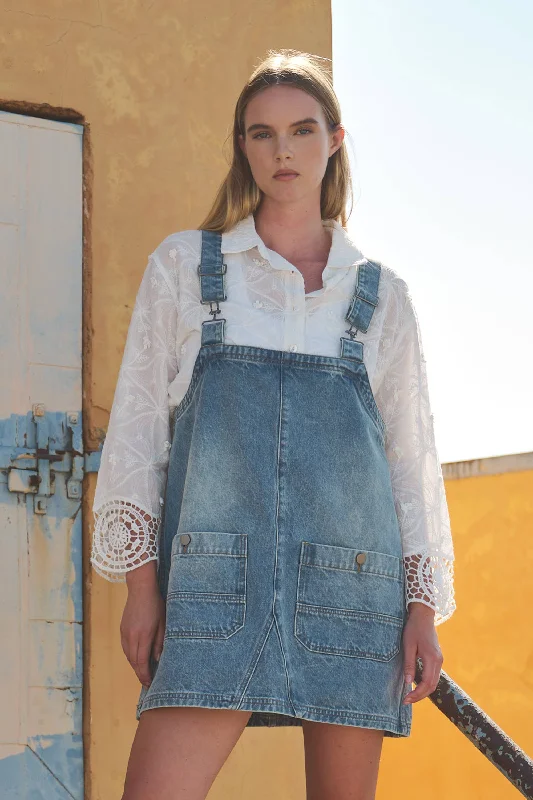 DENIM OVERALL MINI DRESS Comfortable Shift Mini Dress