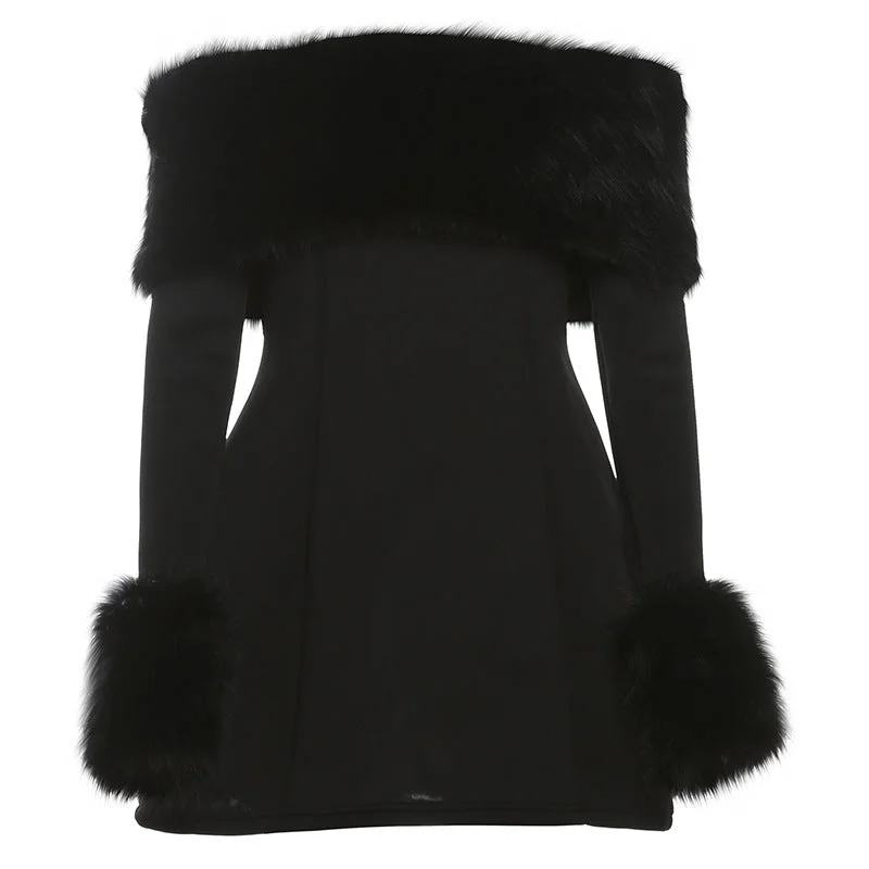 Off the Shoulder Fur Trim Mini Dress Elegant Mini Dress with Ruffles