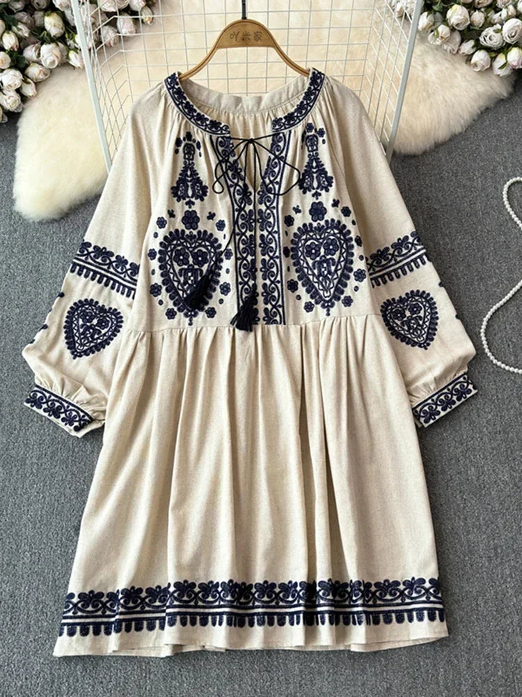 Georgia's Embroidered Boho Cotton Linen Long Sleeves Mini Dress Cozy Long Sleeve Mini Dress