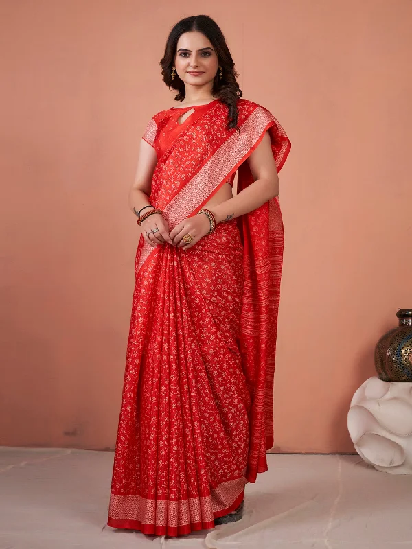 Women's Dola Silk Red Printed Designer Saree With Blouse Piece Balloon Sleeve Blouse Women's Dola Silk Red Printed Designer Saree With Blouse Piece Balloon Sleeve Blouse