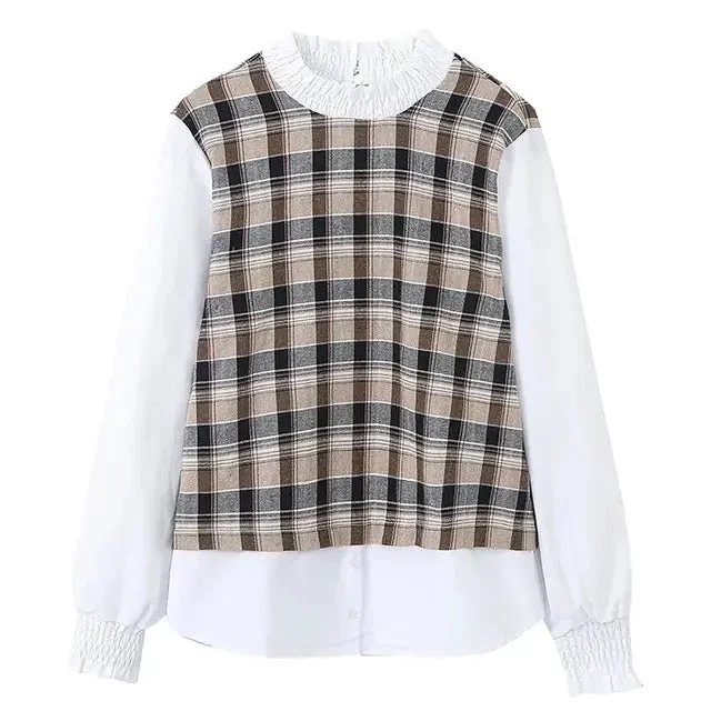 Round Neck Vintage Plaid Print Long Sleeve Blouse Slim Fit Blouse