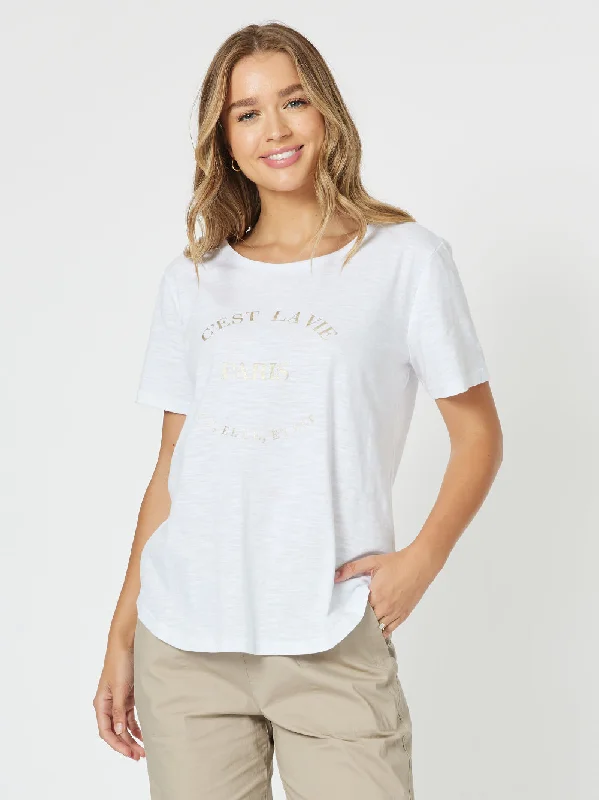 C'est La Vie Paris Cotton T-shirt - White-- Beaded Sequined Faux Fur