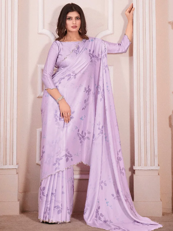 Women's Satin Silk Lavender Digital Print Designer Saree With Blouse Piece Collared Satin Blouse Women's Satin Silk Lavender Digital Print Designer Saree With Blouse Piece Collared Satin Blouse