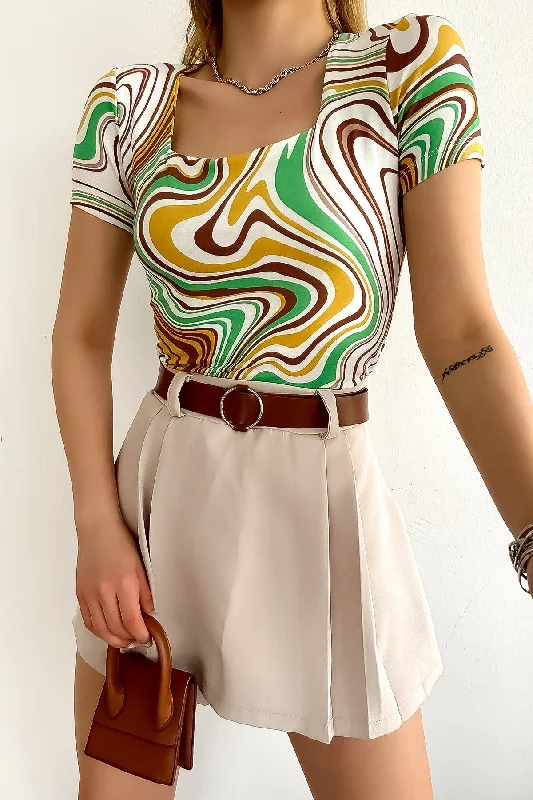 Women's Short Sleeve Square Collar Ecru Cream Pattern Blouse Ruched Sleeve Blouse