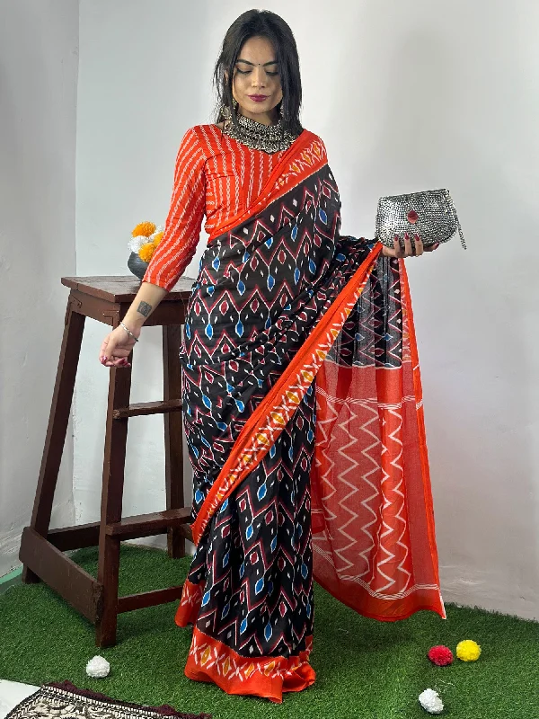Women's Cotton Black Printed Designer Saree With Blouse Piece Playful Puff Blouse