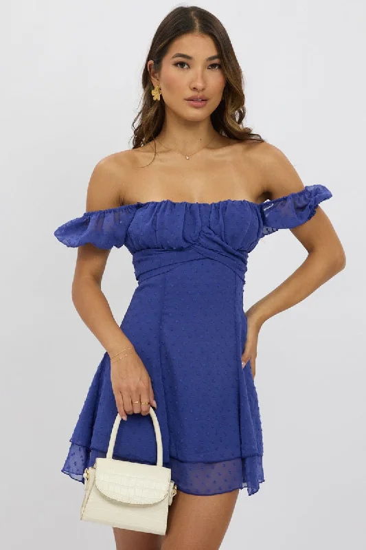 Blue Mini Dress Back Tie Stylish Ribbed Mini Dress