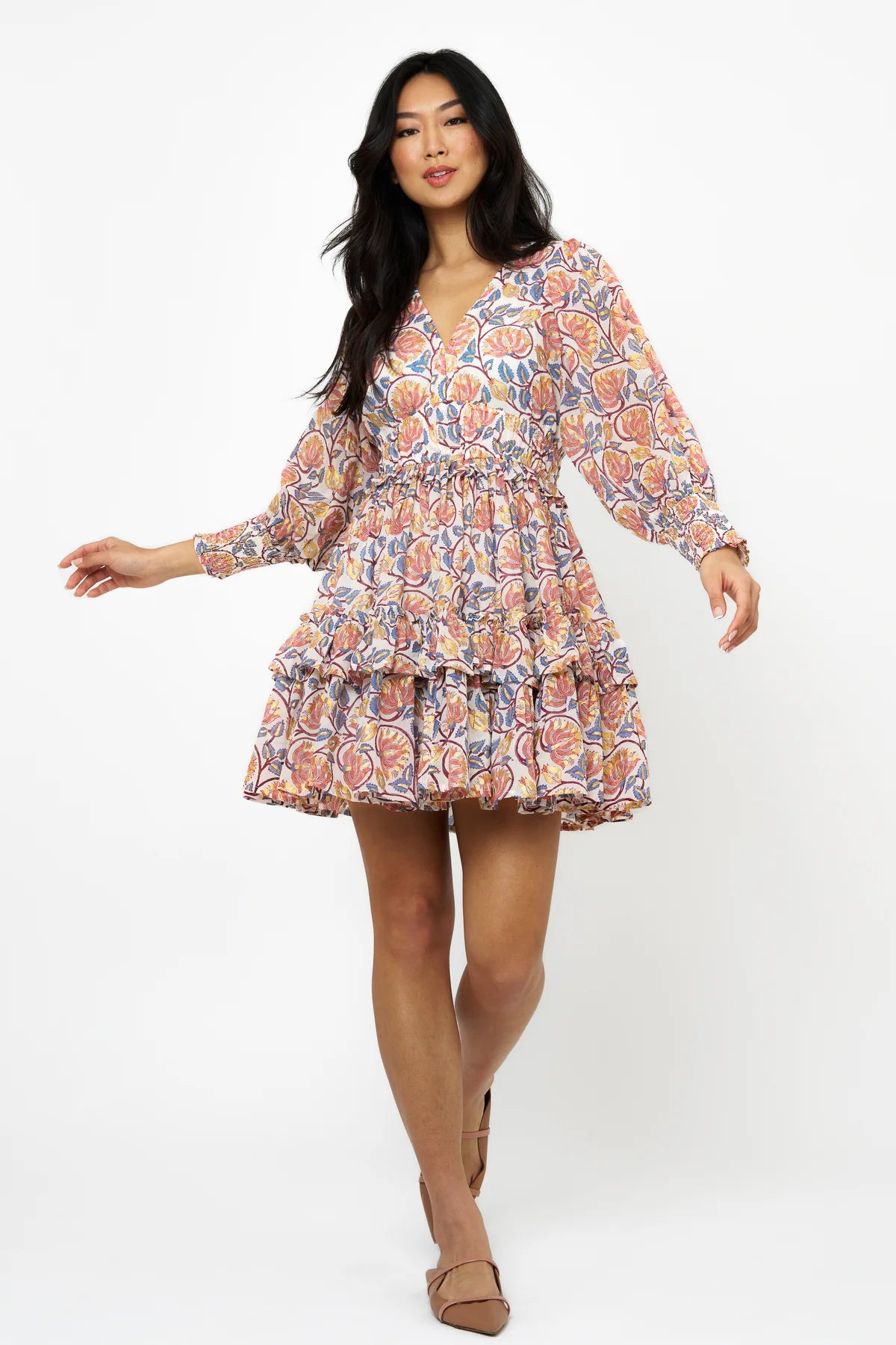 Montenegro Coral Smocked Waist V-Neck Mini Dress Fashionable Lace Mini Dress