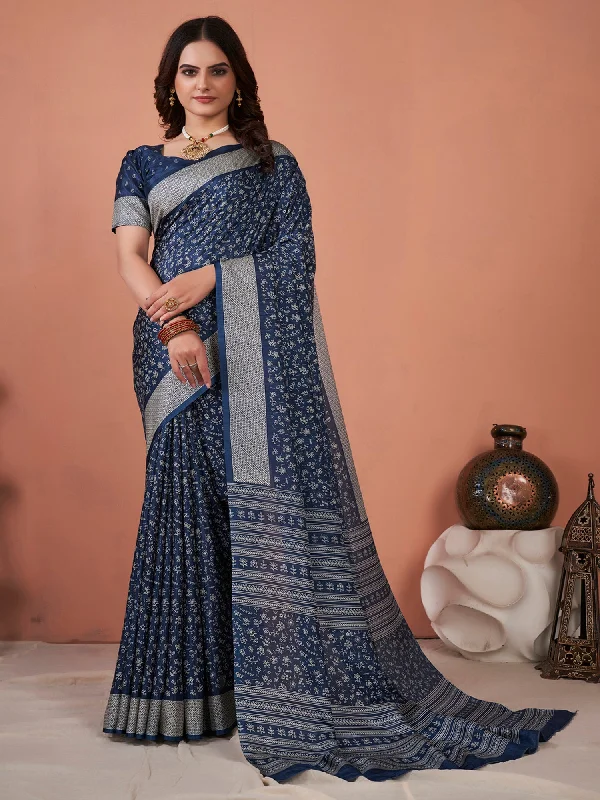 Women's Dola Silk Navy Blue Printed Designer Saree With Blouse Piece Asymmetric Hem Blouse Women's Dola Silk Navy Blue Printed Designer Saree With Blouse Piece Asymmetric Hem Blouse