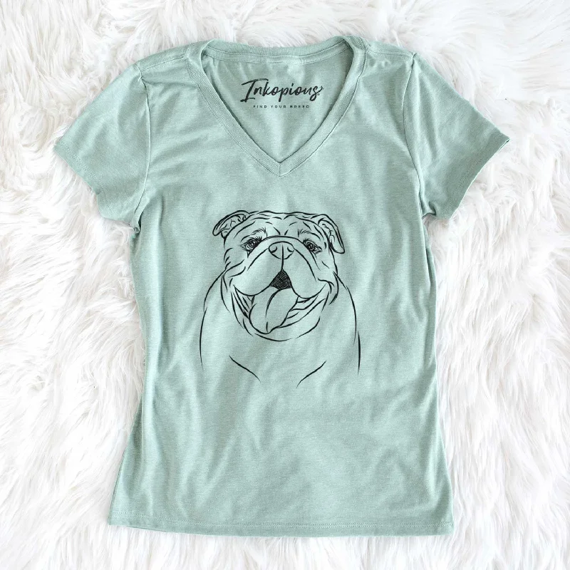 Bare Missy Moo the English Bulldog - Women's V-neck Shirt-- Nylon Fabric Polyester Fabric Spandex Fabric Bare Missy Moo the English Bulldog - Women's V-neck Shirt-- Nylon Fabric Polyester Fabric Spandex Fabric