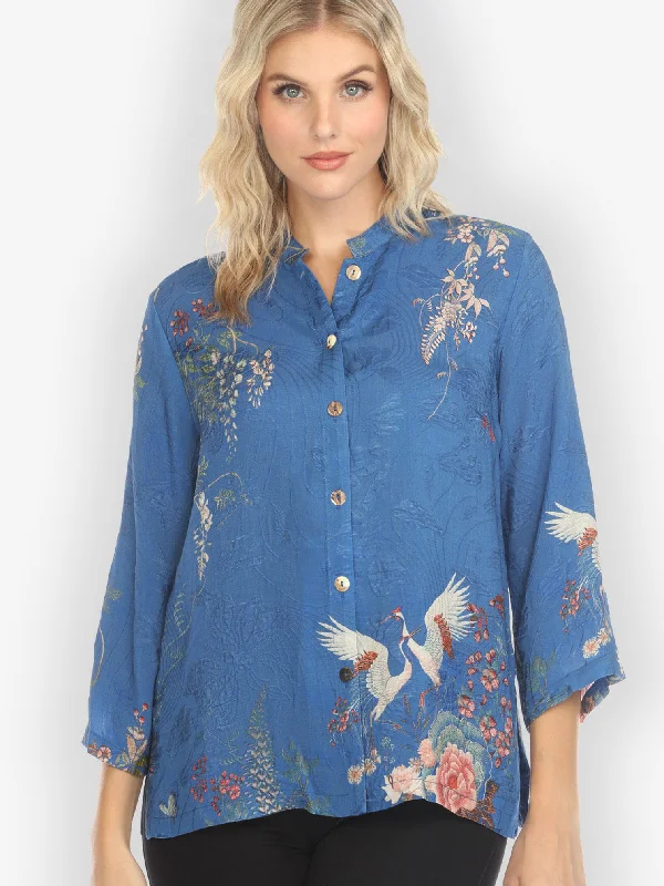 Wisteria Butterflies Crane in Blue Silk Blend Blouse Elegant Silk Blouse