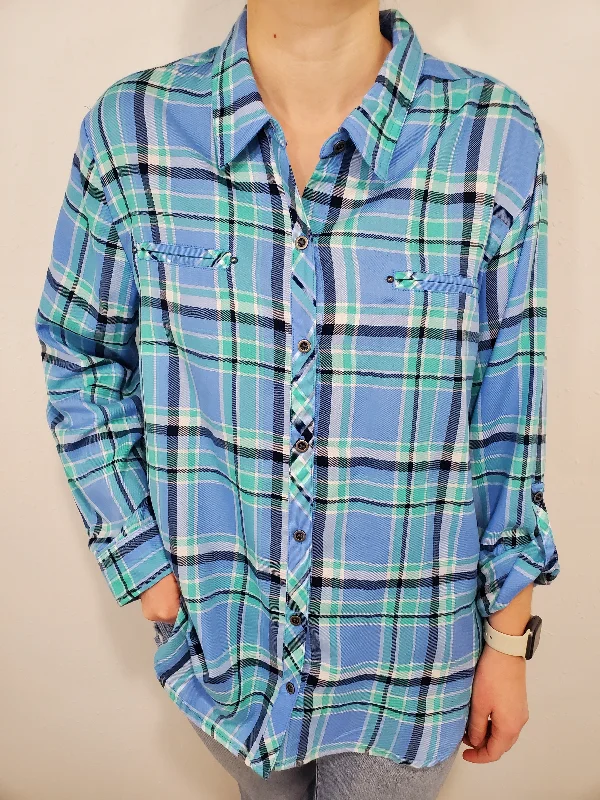 CANDID CHARM PLAID BUTTON UP BLOUSE - SEA Flowy Bohemian Blouse
