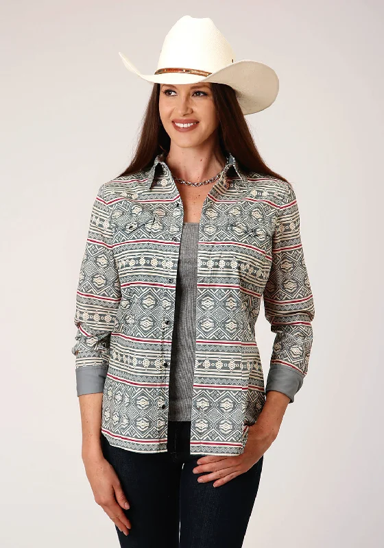 Roper Womens Grey 100% Cotton Tribal Texture L/S Shirt-- Chenille Brocade Lace