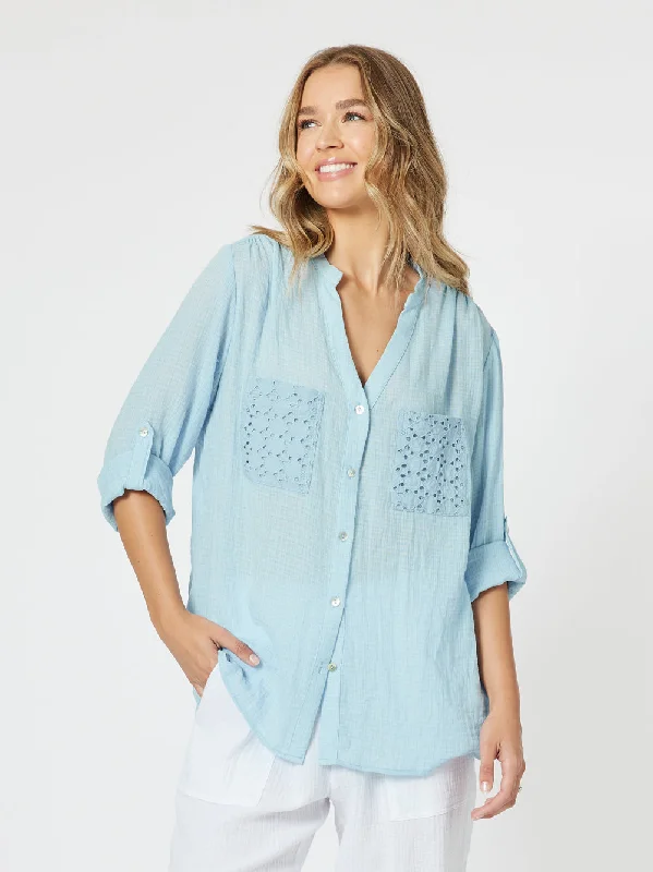 Lace Pocket Shirt - Blue-- Lace Blend Ribbed Blend Corduroy Blend