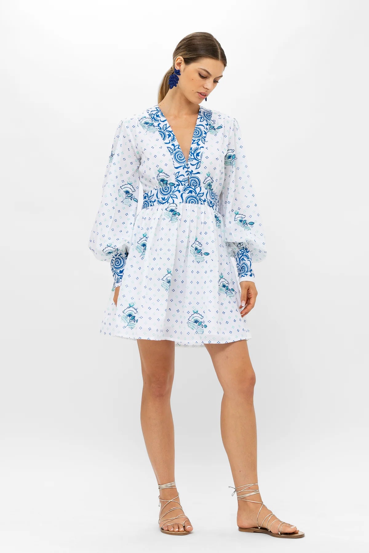 Corfu Blue V-Neck Shirt Waist Mini Dress Cozy Cotton Mini Dress