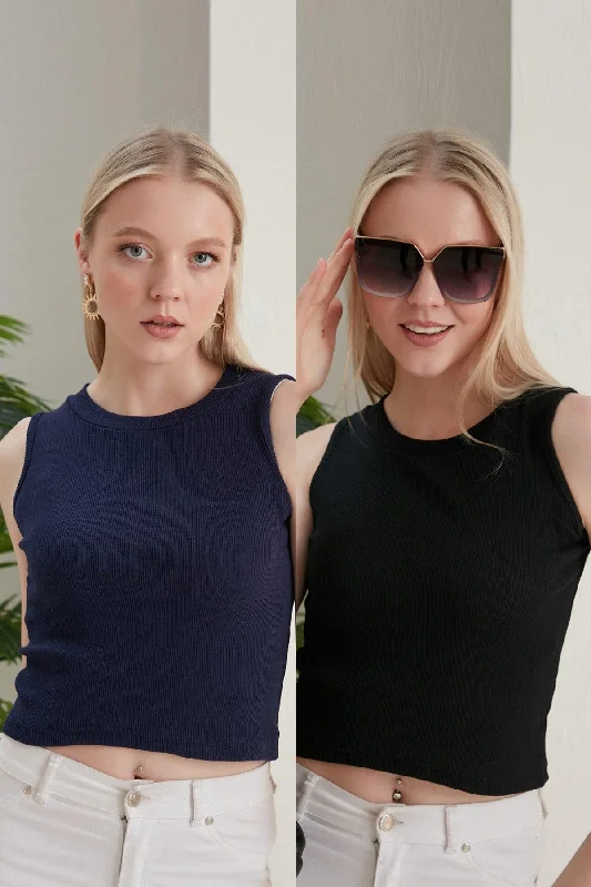 Women's Black Navy Blue Halter Neck 2 Piece Crop Blouse Smart Business Blouse