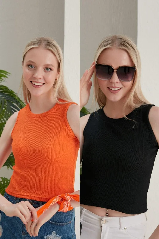 Women's Black Orange Halter Neck 2 Piece Crop Blouse Gathered Detail Blouse