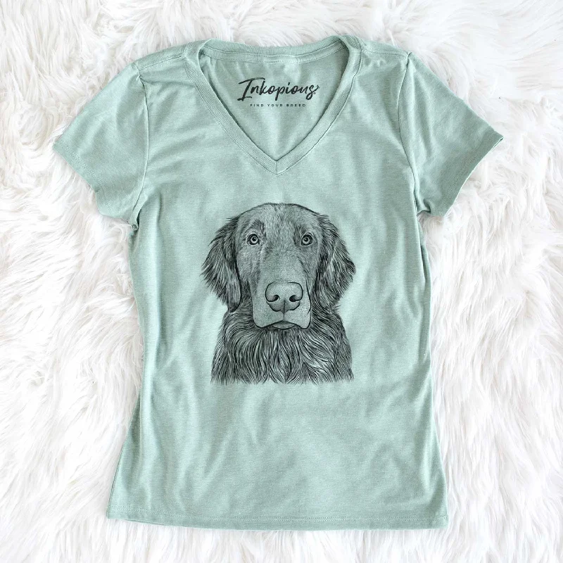 Bare Pippin the Flat Coated Retriever - Women's V-neck Shirt-- Denim Fabric Leather Fabric Suede Fabric Bare Pippin the Flat Coated Retriever - Women's V-neck Shirt-- Denim Fabric Leather Fabric Suede Fabric