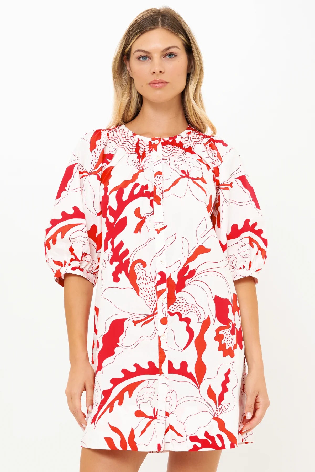 Orchid Red Embroidered Button Mini Dress Casual Mini Dress with Pockets