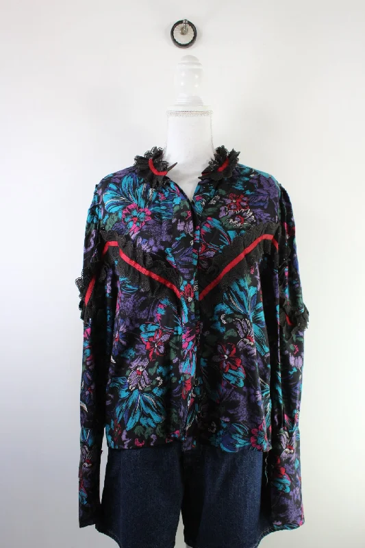 Vintage Purple Blouse (M) Satin Bow Blouse