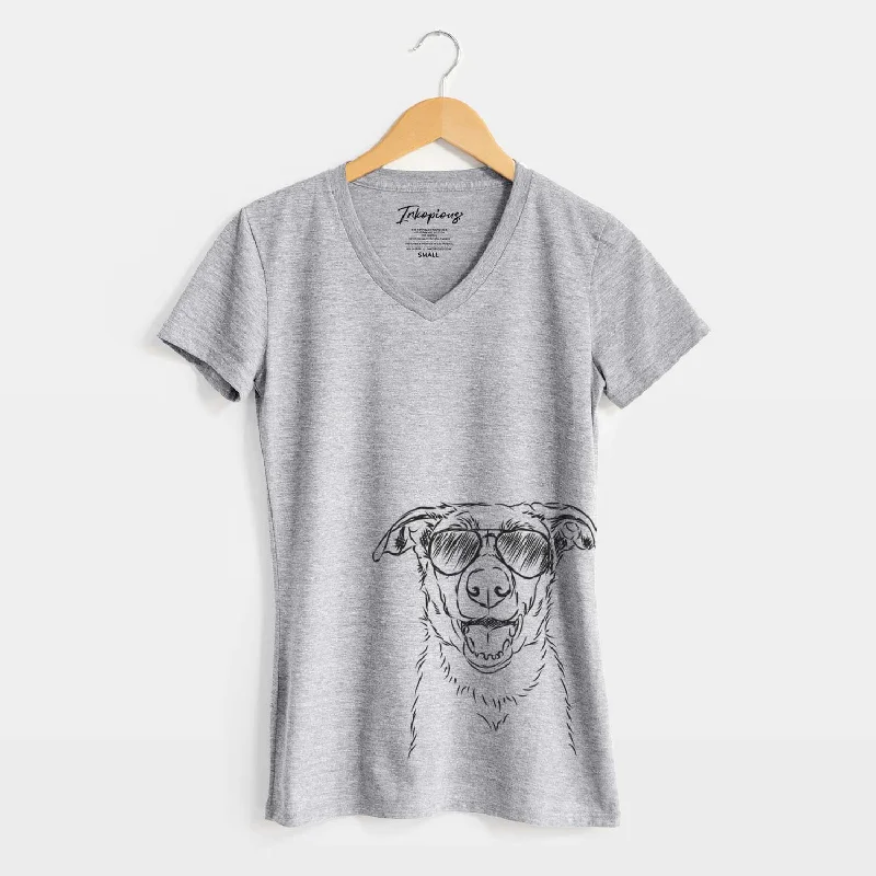 Aviator Noah the Border Collie - Women's V-neck Shirt-- Denim Fabric Leather Fabric Suede Fabric Aviator Noah the Border Collie - Women's V-neck Shirt-- Denim Fabric Leather Fabric Suede Fabric