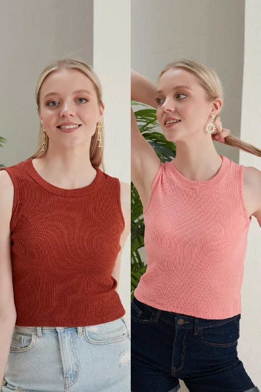 Women's Tile Powder Halter Collar 2 Piece Crop Blouse Modern Work Blouse