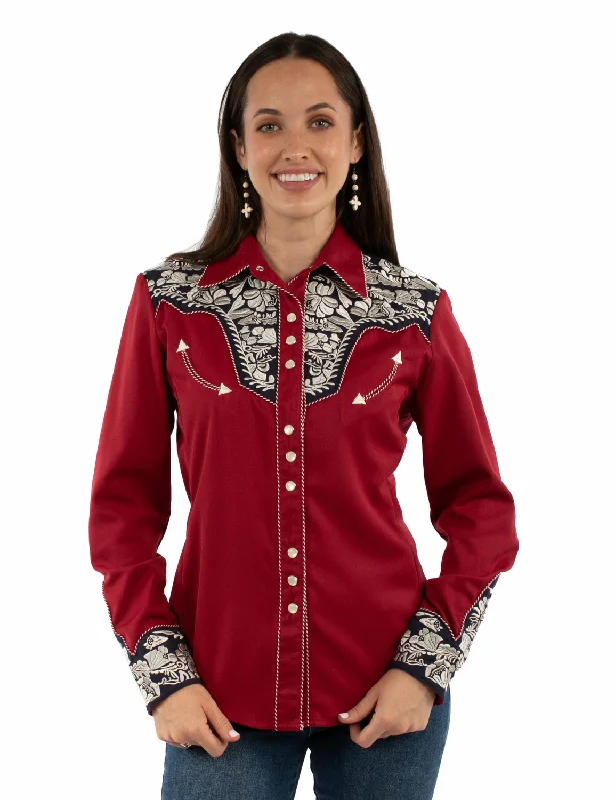 Scully Womens Floral Yoke Embroidery Red/White/Blue Poly/Rayon L/S Shirt XS-- Modern Contemporary Chic Scully Womens Floral Yoke Embroidery Red/White/Blue Poly/Rayon L/S Shirt XS-- Modern Contemporary Chic