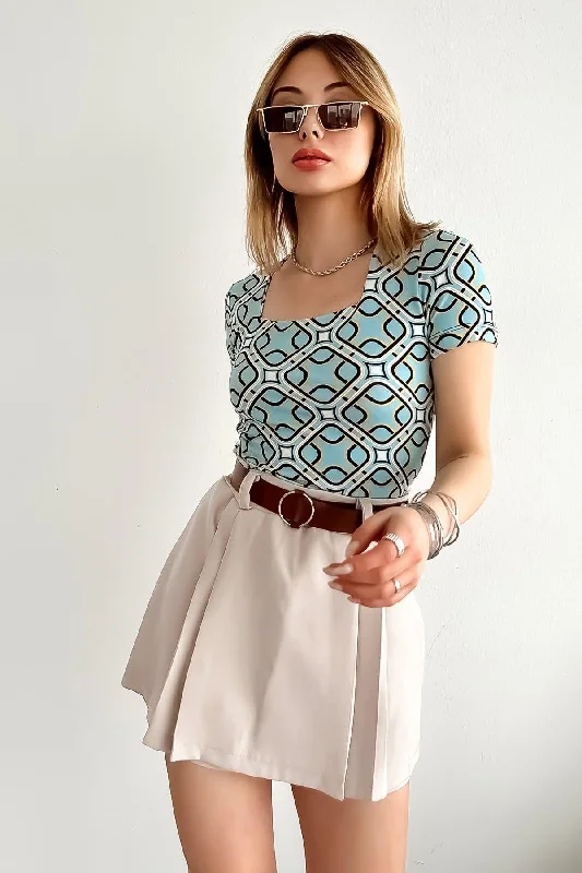 Women's Short Sleeve Square Collar Blue Patterned Blouse Elegant Peplum Blouse