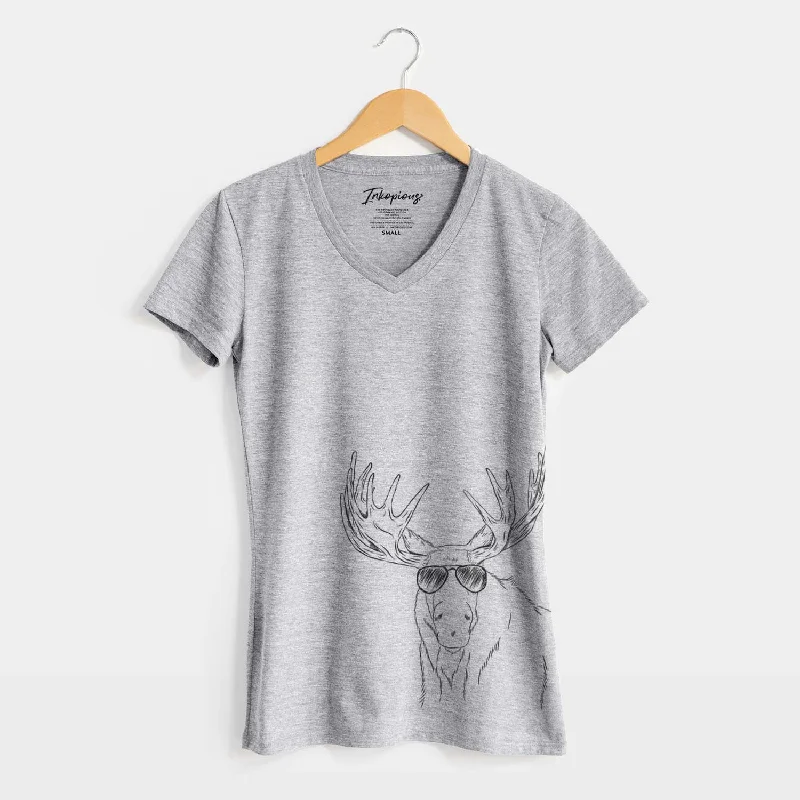 Aviator Monty the Moose - Women's V-neck Shirt-- Silk Blend Satin Velvet