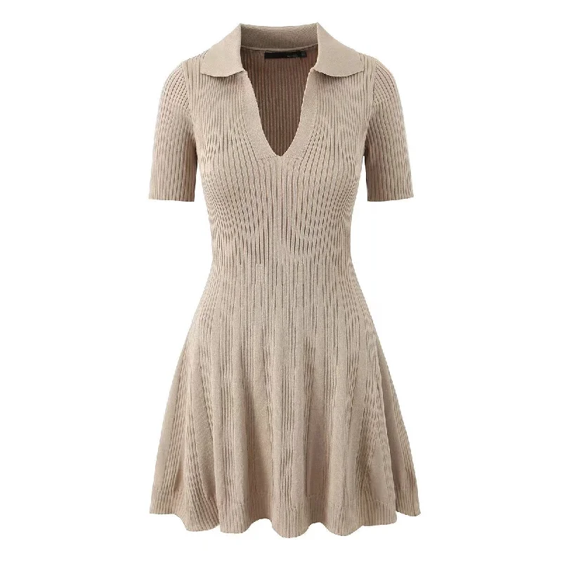 Collared Deep V Rib Knit Fit and Flare Mini Dress Fashionable Mini Dress with Pockets