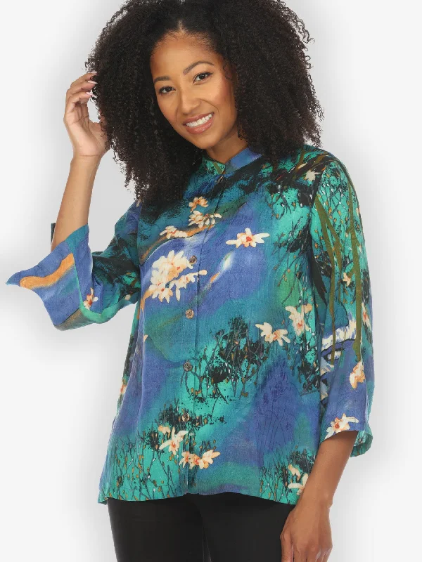 Water Color Blossom Silk Blouse Casual Button Blouse