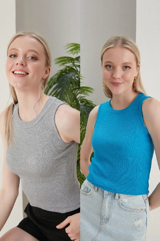 Women's Gray Blue Halter Neck 2 Piece Crop Blouse Elegant Embroidery Blouse