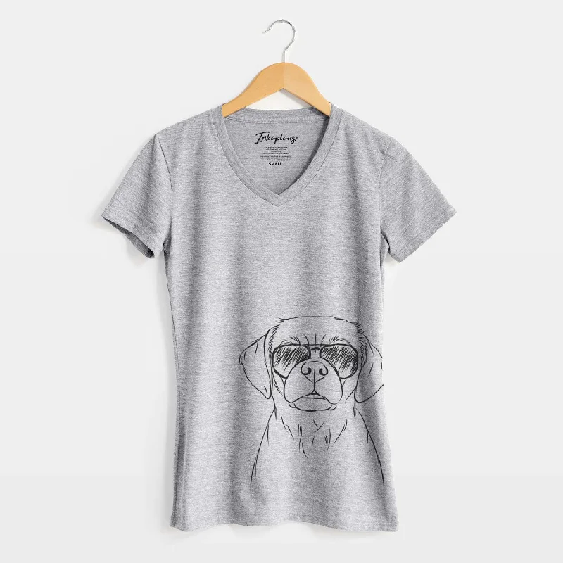 Aviator Popcorn the Puggle - Women's V-neck Shirt-- Print Jacquard Patchwork