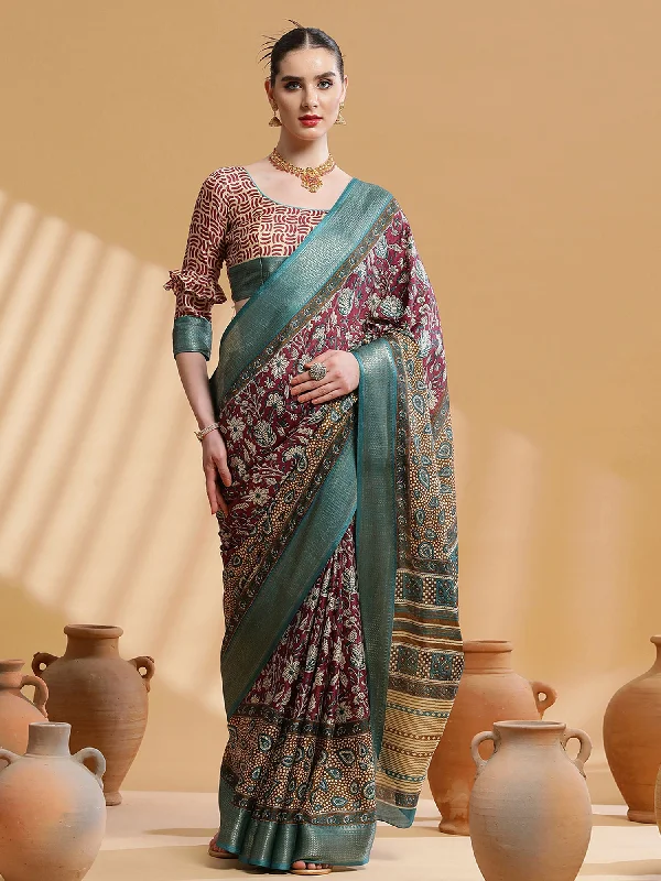 Women's Cotton Blend Magenta Printed Designer Saree With Blouse Piece Loose Fit Blouse Women's Cotton Blend Magenta Printed Designer Saree With Blouse Piece Loose Fit Blouse
