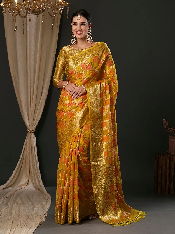 Women's Organza Yellow Woven Design Designer Saree With Blouse Piece Off-Shoulder Wrap Blouse