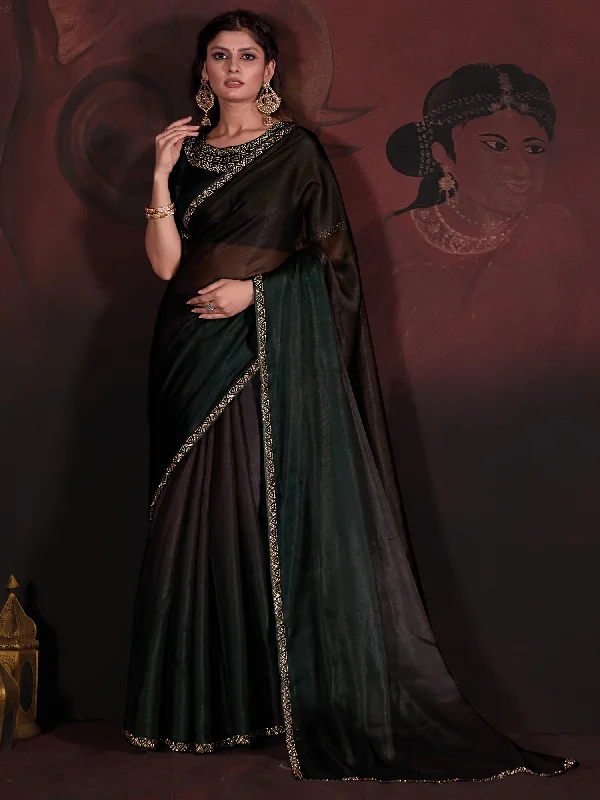 Women's Organza Dark Green Embellished Designer Saree With Blouse Piece Puff Sleeve Blouse Women's Organza Dark Green Embellished Designer Saree With Blouse Piece Puff Sleeve Blouse