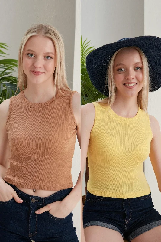 Women's Yellow Sand Halter Neck 2 Piece Crop Blouse Feminine Tie Blouse